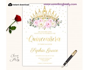 Cream pink roses Quinceanera invitation printable template, (135)